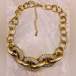 Gold Tone Large Chunky Oval Link Necklace with Acrylic Rhinestone Link Center